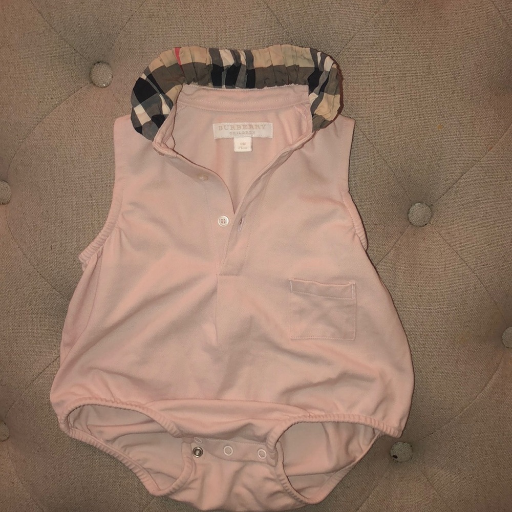 Burberry romper. 9m. Pink with plaid collar.